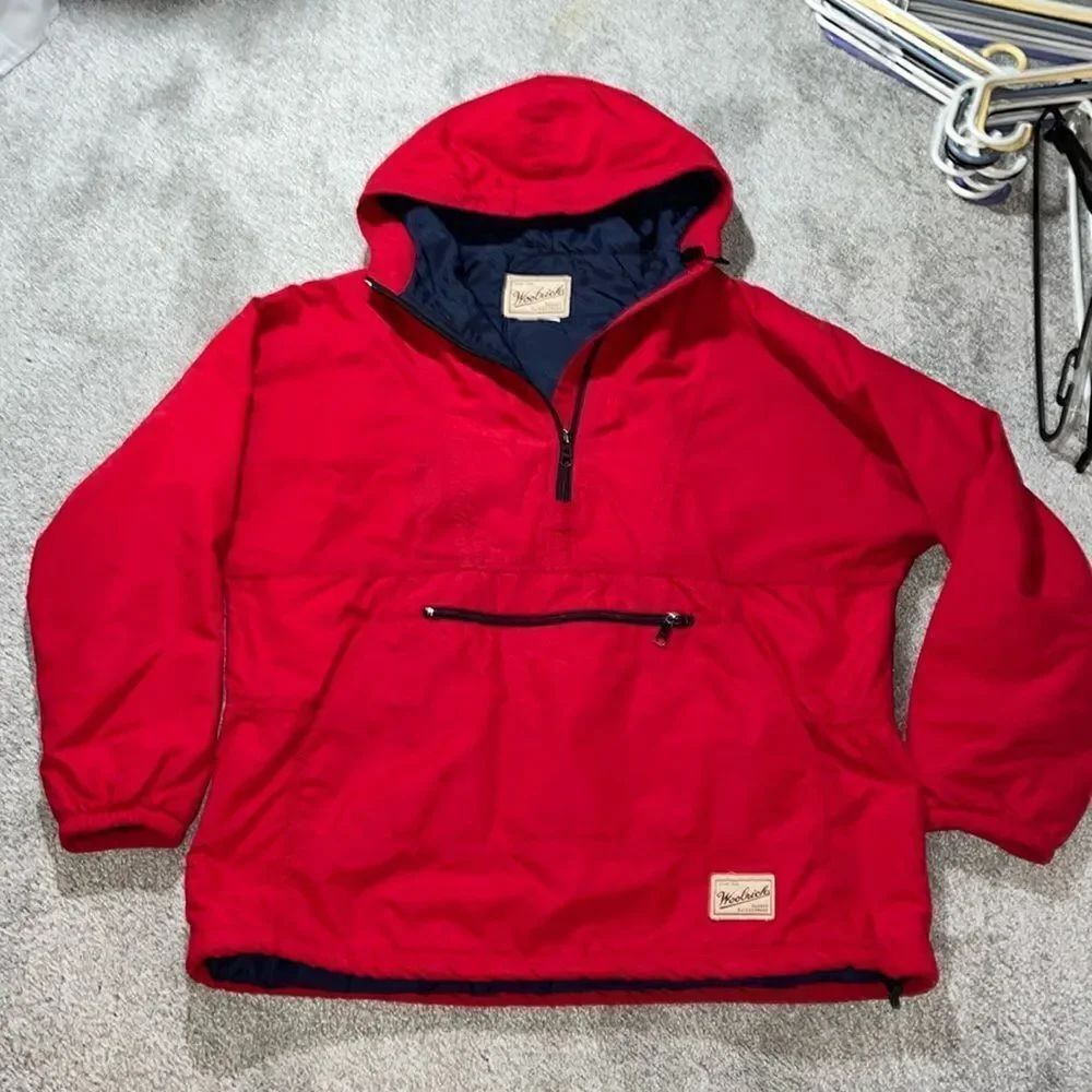 Red Vintage Woolrich Insulated Pullover Hooded High Neck Coat Jacket Retro XL